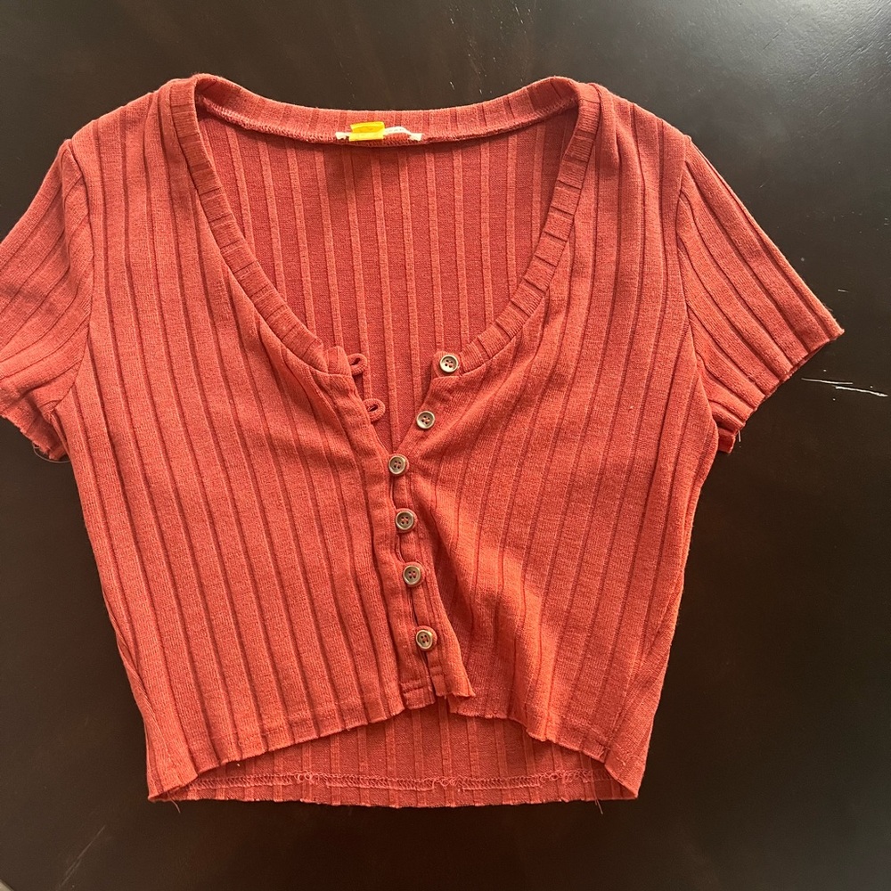 Cropped button up short sleeve burnt orange shirt